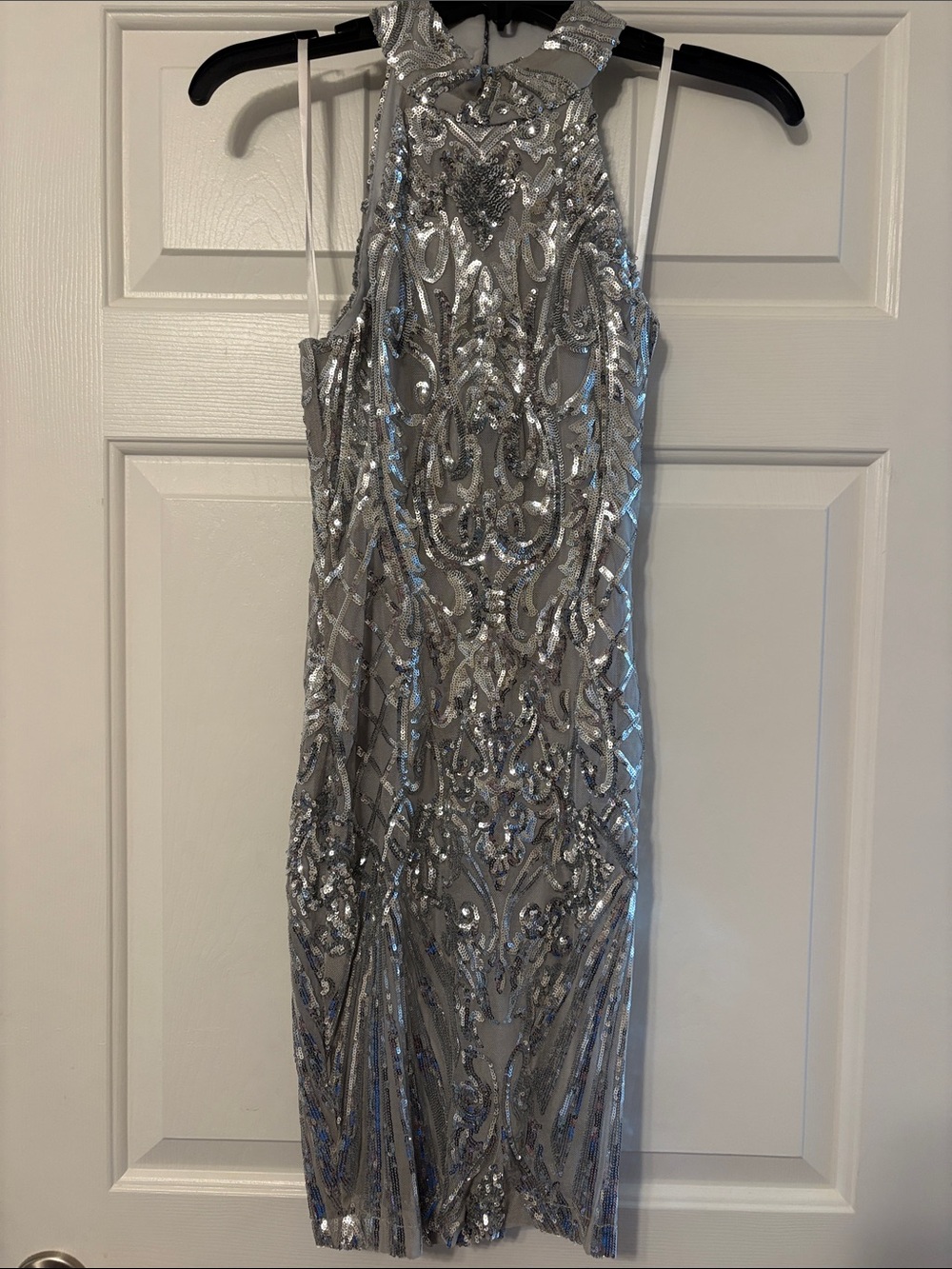 B Darlin Silver Sequin Halter Midi Dress
